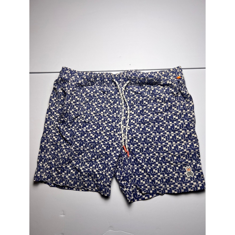 Psycho Bunny Swim Trunks Mens Medium Navy Cream Geometric Checkerboard Logo